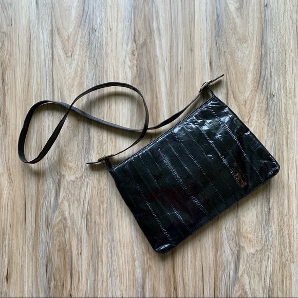 VINTAGE 70s/80s Black Eel Skin Crossbody Bag Retro Glam - Picture 6 of 9
